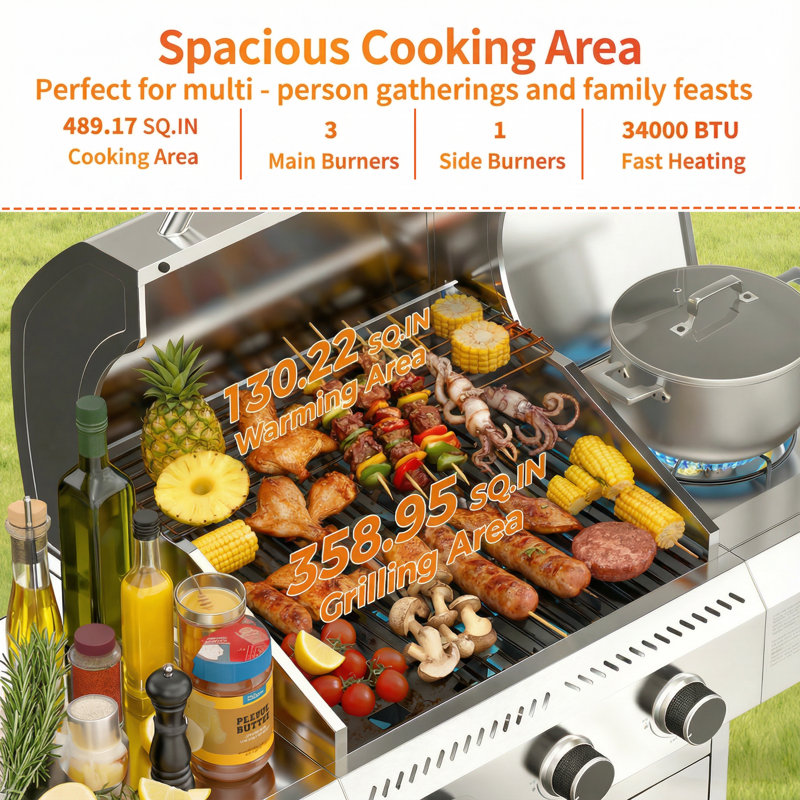 R.W.FLAME 3 - Burner Stainless Steel Gas Grill with 1 Side Burner & Dual Brake Universal Wheels, 34,000 BTU Liquid Propane Gas Grill, Ideal for Outdoor Grilling & Backyard Use