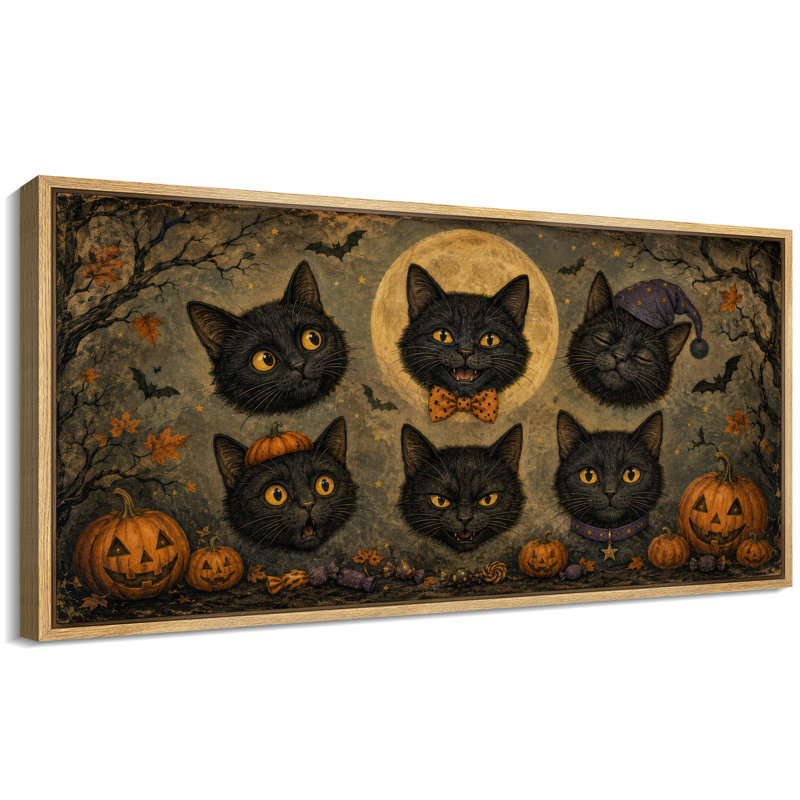 «Black Cat Halloween Pumpkin Moon Folk Art», impression sur toile encadrée, Natural, H 30 po x l 60 po x P 1,5 po