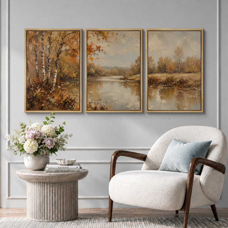 «Autumn River Birch Forest», art de la salle à manger, impression sur toile encadrée, 3 pièces, 16 po x 24 po x 3 pièces, 24 po x 36 po x 3 pièces