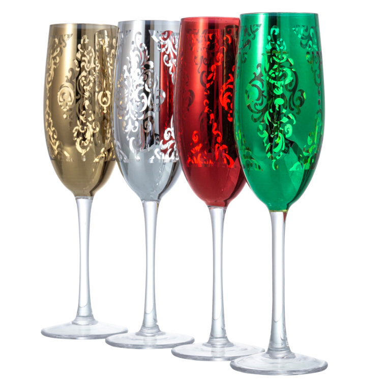 Set of 4, 6 oz Christmas Metallic Plated Stemmed Champagne Flutes