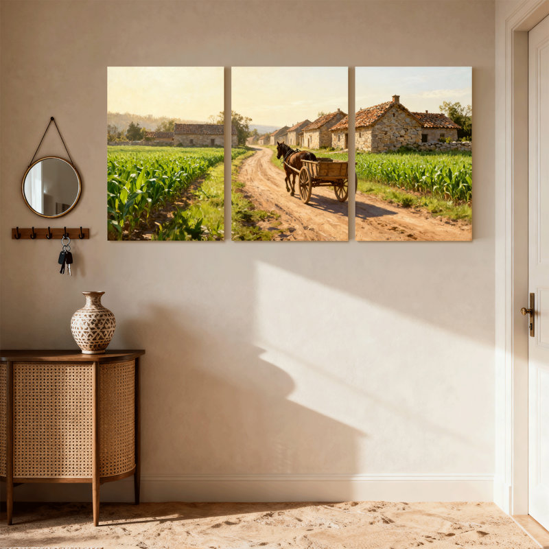 Ensemble de 3 reproductions d'art mural sur toile paysage urbain avec charrette à cheval et champs, H 18 po x l 36 po