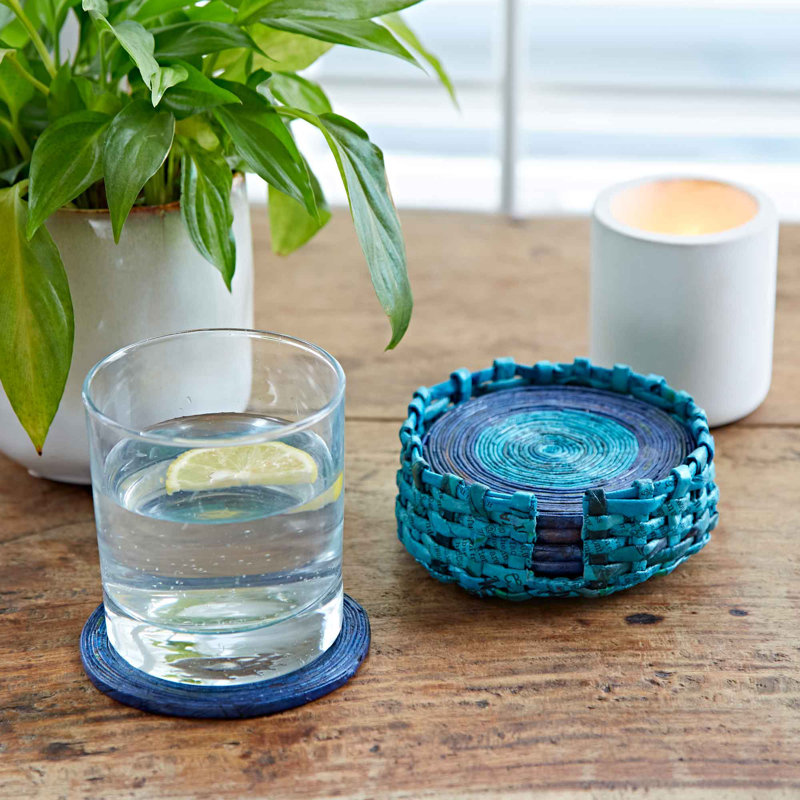 6 Recycled Newspaper Coasters, Dark Blue/Light Blue