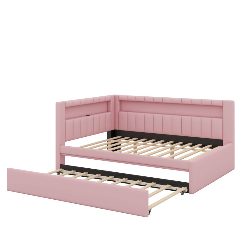 Full Size Platform Bed With USB And Trundle, Pink
