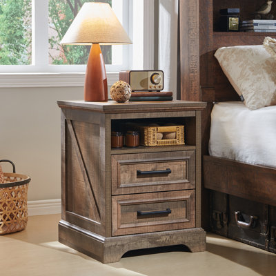 Breshauna 24" Tall Farmhouse Nightstand With Charging Station, Wood End Table With With 2 Drawers, Built-In Outlets