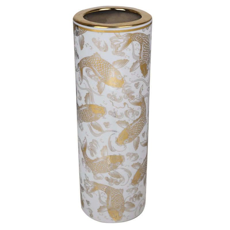  Porcelain Cylinder Flower Vase with Modern Gold Fish on White Glaze