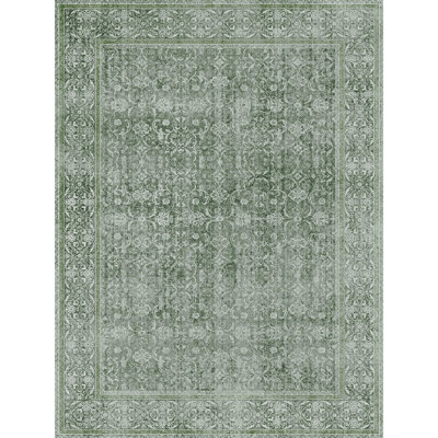 Washable Area Rug Green Floral Soft Accent Carpet Vintage Inspired Distressed Low Pile for Living Room Dining Room Bedroom Den