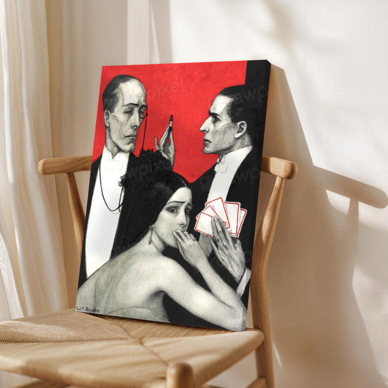 Art mural encadré sur toile, trois personnages en tenue de soirée avec des cartes et une fiole, style à l'encre expressionniste. Décoration murale, grande œuvre d'art pour le salon, prête à être suspendue, 24 po x 36 po