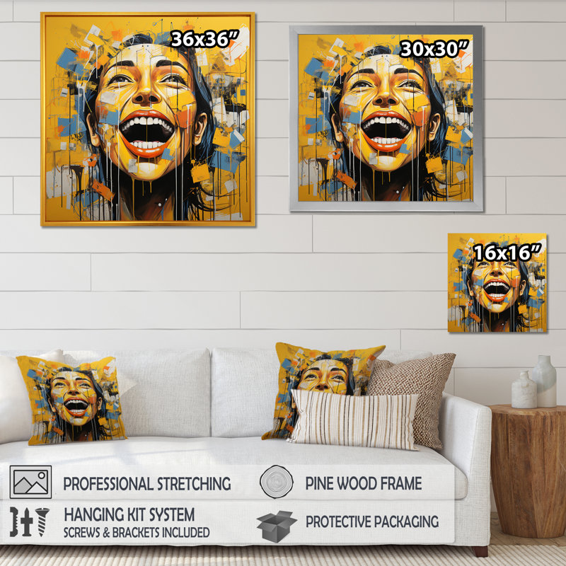 Décoration murale Popart Sunshine Yellow Laughs - Portrait_105858, H 24 po x l 24 po x P 1 po, Cadre flottant doré