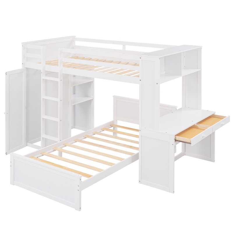 Lit superposé en forme de L avec bureau, bibliothèque et armoire Hasel, Blanc, Double sur double
