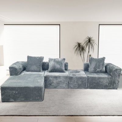 Compression modulaire convertible à 4 sièges de style américain, gris avec siège mi-ferme, 100% nouvelle mousse, US, couvertures en velours côtelé standard 100 par brossé, peau et rétrécissement doux