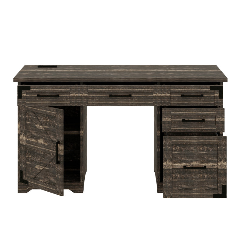 Table d'écriture, prises de courant, tiroirs multiples et armoire de rangement Vintage Farmhouse, Gris rustique