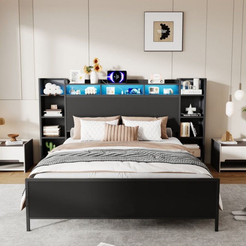 Twin Size Bed Frame With USB Charging Station And Storage Headboard For Modern Bedroom Decor, Twin