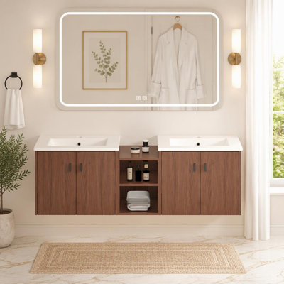 Meuble-lavabo 60 po à fermeture en douceur brun rougeâtre 60 po, petites tablettes de rangement, armoire combinée 24 po et 12 po