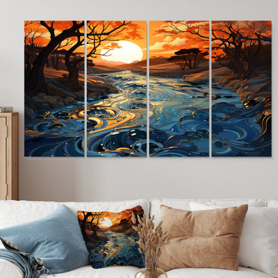 «Orange River and Blue River Serene Journey I - Forest River», art mural 4 pièces
