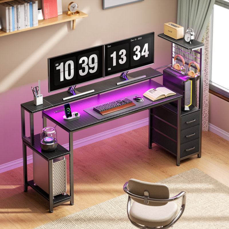 63"W Gaming Desk With Recessed Power Outlets,computer Desk With 3-tier Fabric Drawers, Gaming Desk With Cpu Stand And Led Lights,home Office Desk With Spacious Storage Shelf And Versatile Hooks