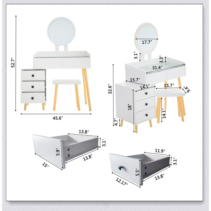 Modern Glass Top Dressing Table With LED Lights, Extendable Side Table, 5 Drawers, Mirror, And Stool For Bedroom