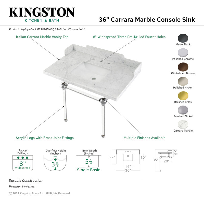 Kingston Brass Pemberton 36-Inch Carrara Marble Console Sink with Acrylic Legs (8-Inch, 3-Hole), Marble White/Black/White