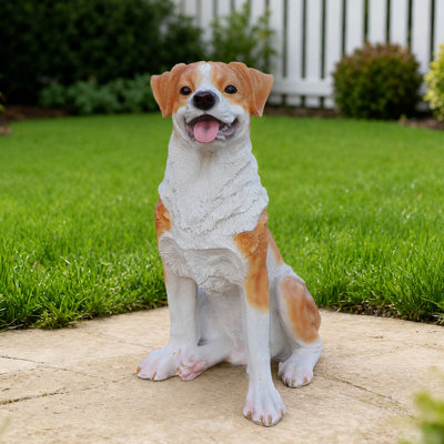 Statue de chien réaliste, animal réaliste en résine pour jardin intérieur extérieur, décoration de jardin, cadeau d'artisanat, brun et blanc
