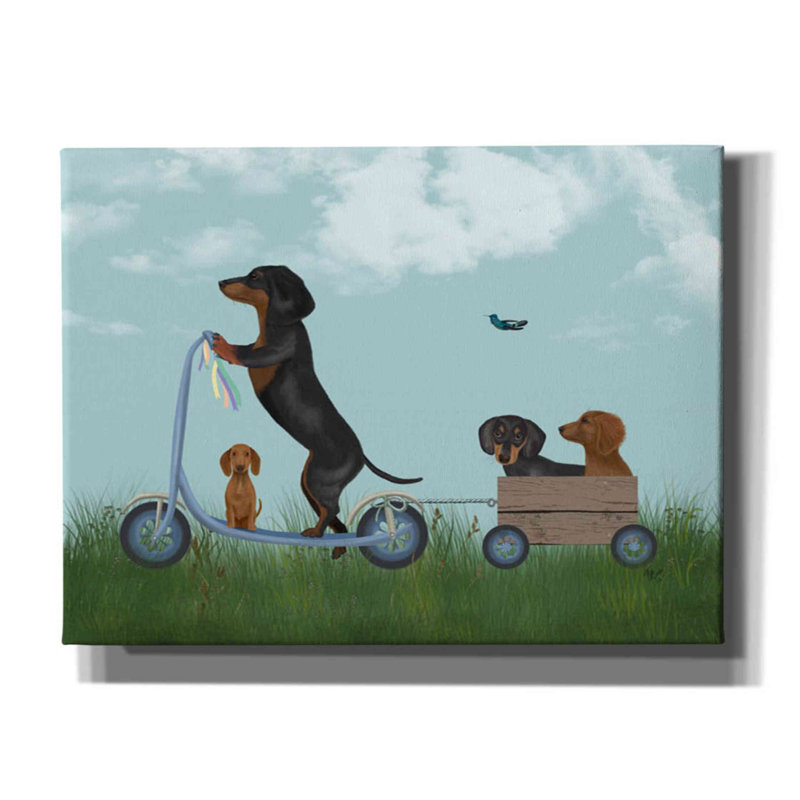 «Dachshund Scooter» par Fab Funky, art mural sur toile, H 40 po x l 54 po x P 1,5 po