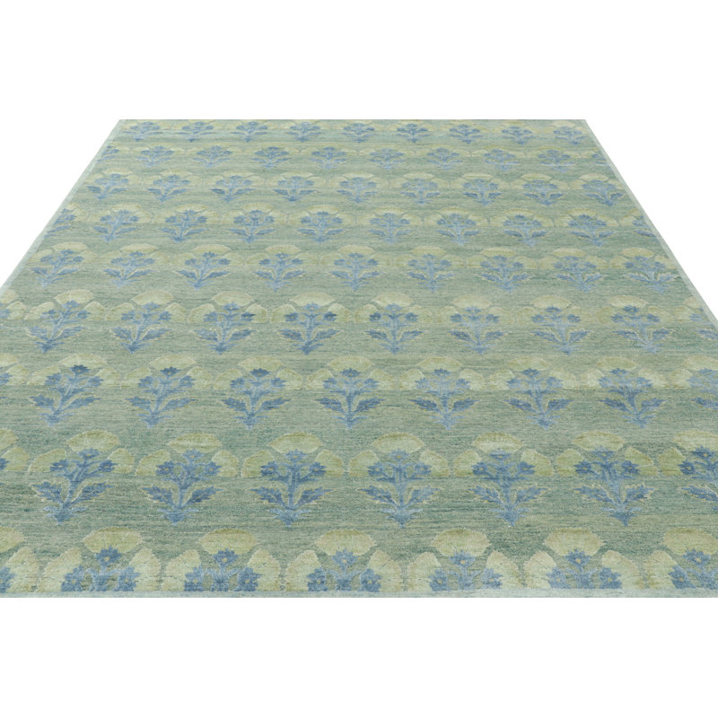 Rug & Kilim’S Custom Block Print Rug Design With Blue And Green Floral Pattern, Rectangle 9' x 12'
