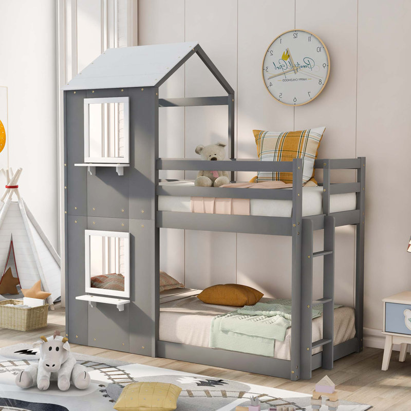 Lit superposé en bois Lit en bois avec toit, fenêtre, garde-corps, échelle, Gris
