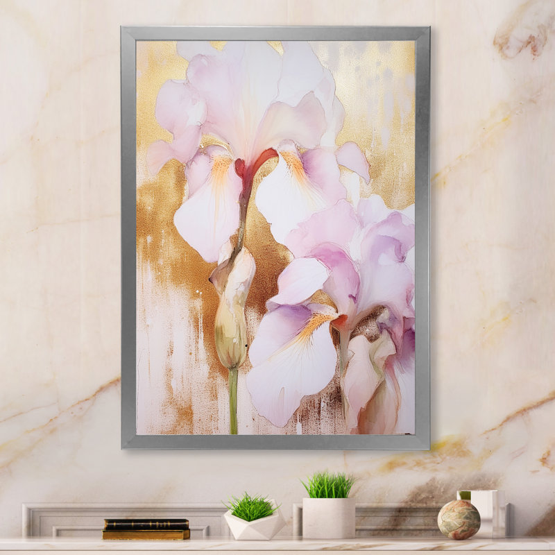 Pétales d'iris rose sur toile, H 32 po x l 24 po x P 1 po, Cadre photo argenté