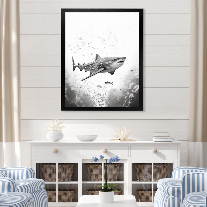 " Monochrome Grey Shark Dance I ", Black Single Picture Framed, 32" H x 24" W x 1" D