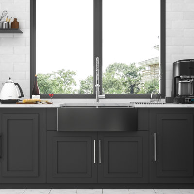 Gunmetal Black Double Bowl (50/50) Farmhouse Sink- 36"X21"X10"Stainless Steel Apron Front Kitchen Sink 16 Gauge With Two 10" Deep Basin