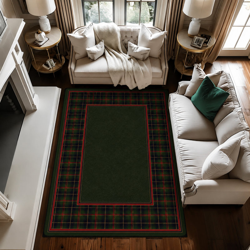 Alminus Design Center McIntyre Olive Plaid Bordered Area Rug, Rectangle 5'4" x 7'8"