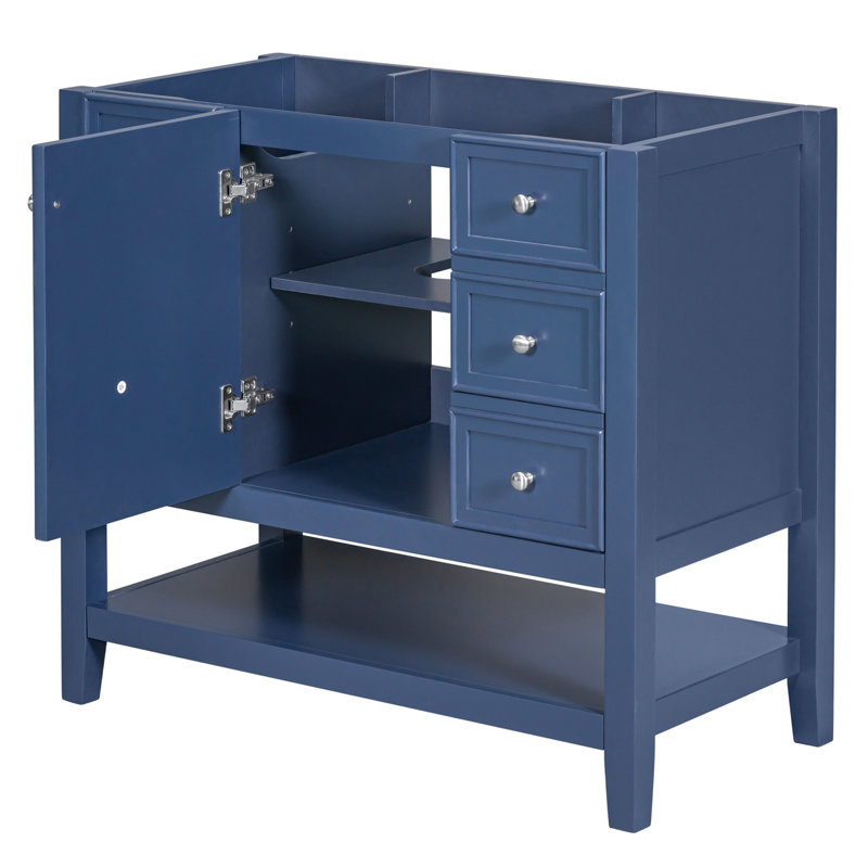 Meuble-lavabo 36 po sans lavabo, base d'armoire seulement, une armoire et trois tiroirs, Bleu