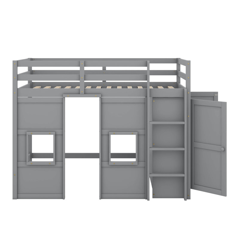Lit mezzanine simple en bois Jasibe avec garde-robe de rangement intégré et 2 fenêtres, gris