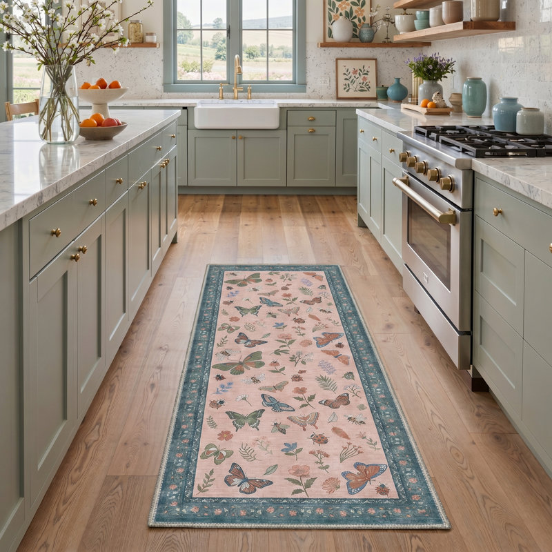 Vintage Machine Washable Pink / Blue Indoor Area Rug with Non-Slip Backing, Runner 2' x 6'