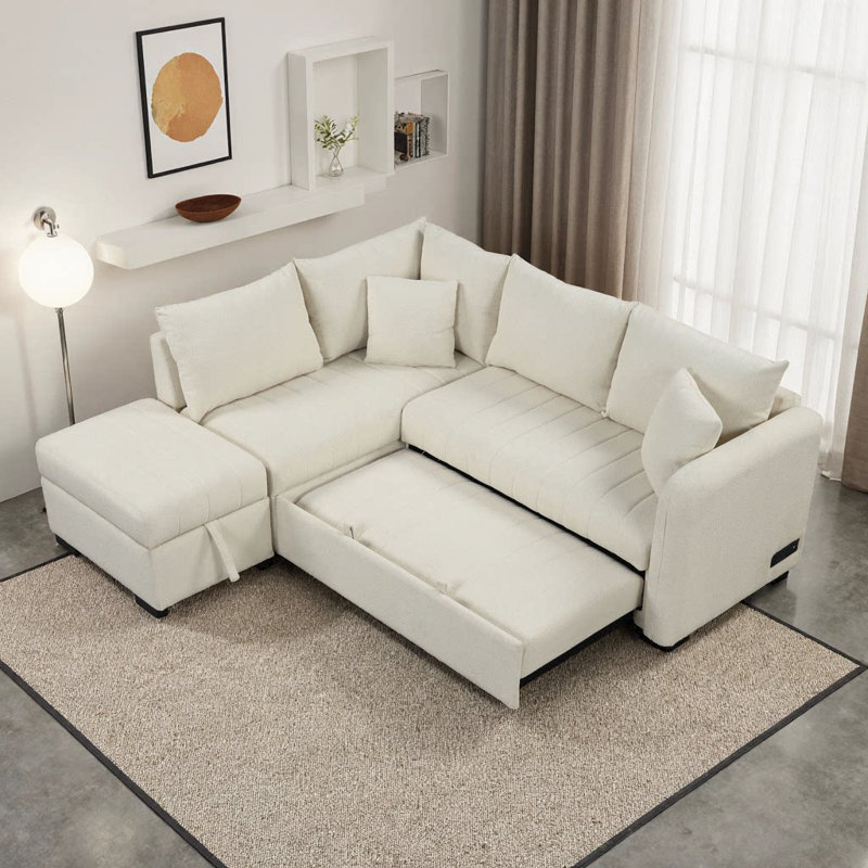82.6" Beige L-Shaped Sectional Pull Out Sofa Bed with Storage Ottoman & USB Ports, Beige