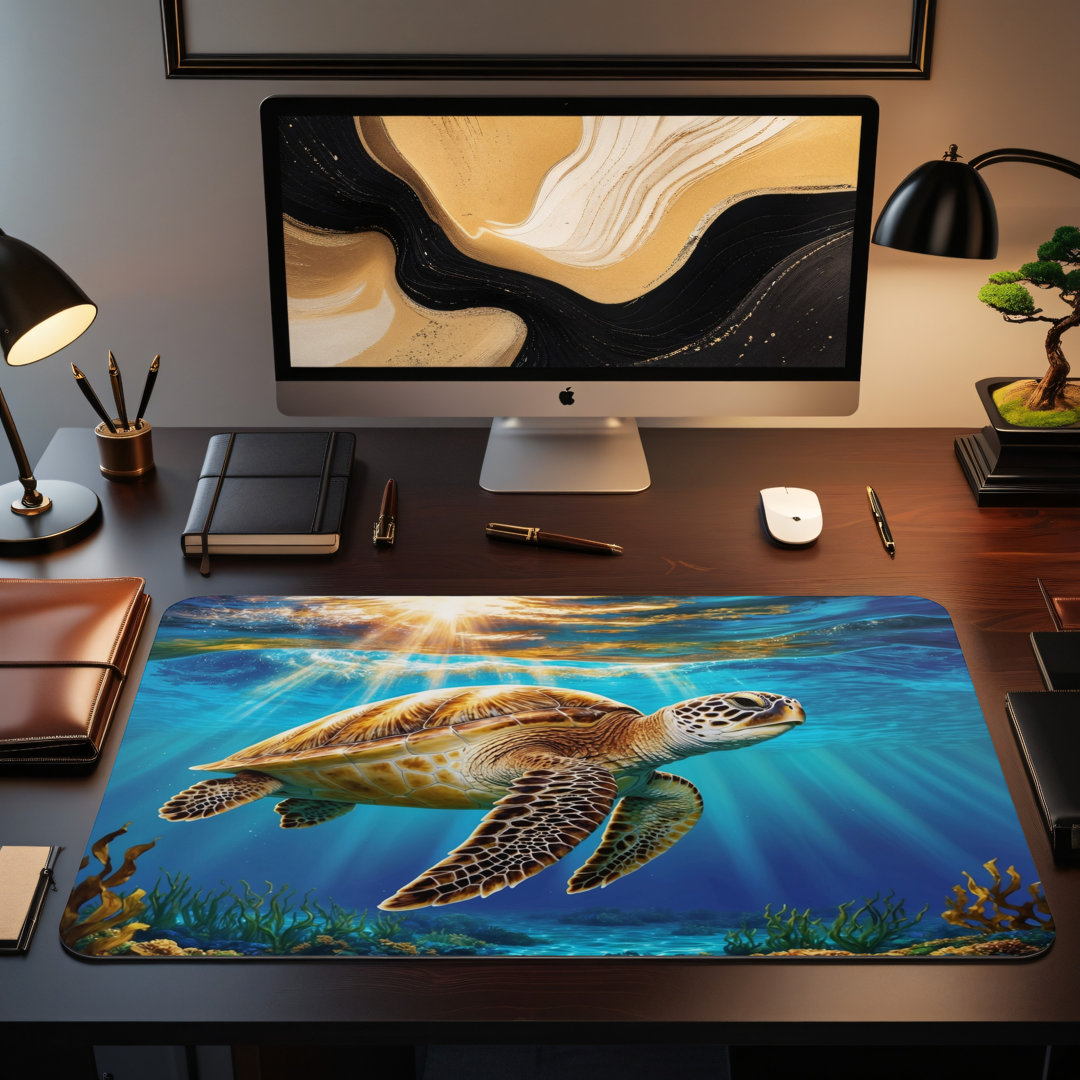 Green Sea Turtle Desk Mat, Ocean Underwater Sunlight, Marine Animal Mouse Pad, Coral Reef Art, Nature Lover Office Decor, Large Gaming Mat