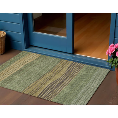 Tapis extérieur lavable à rayures vert olive et chocolat 3 pi x 5 pi