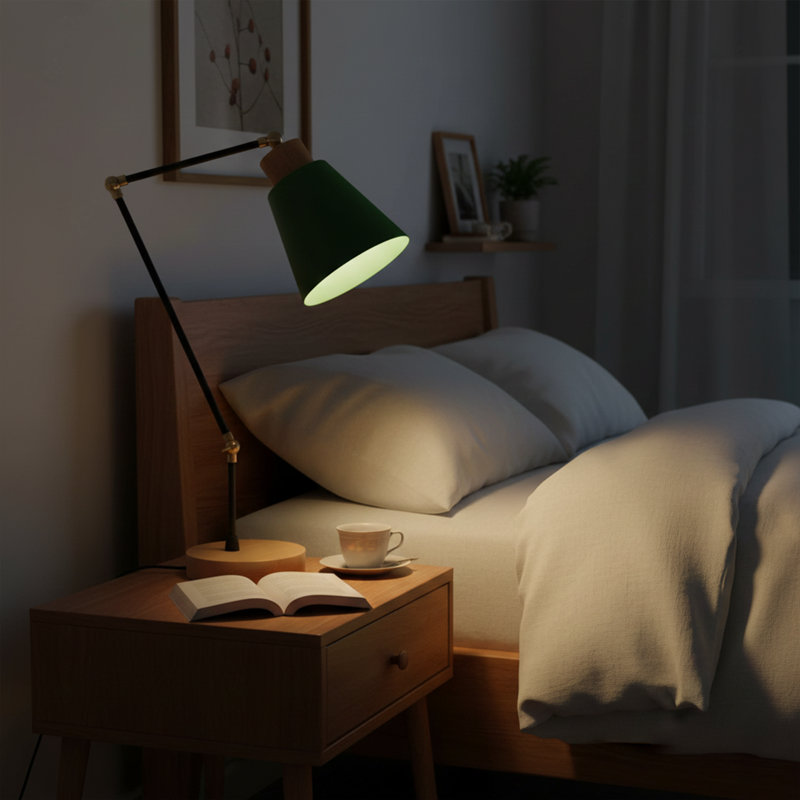 Lampe de bureau réglable en métal 21 po avec base en bois naturel Aurelius, Vert