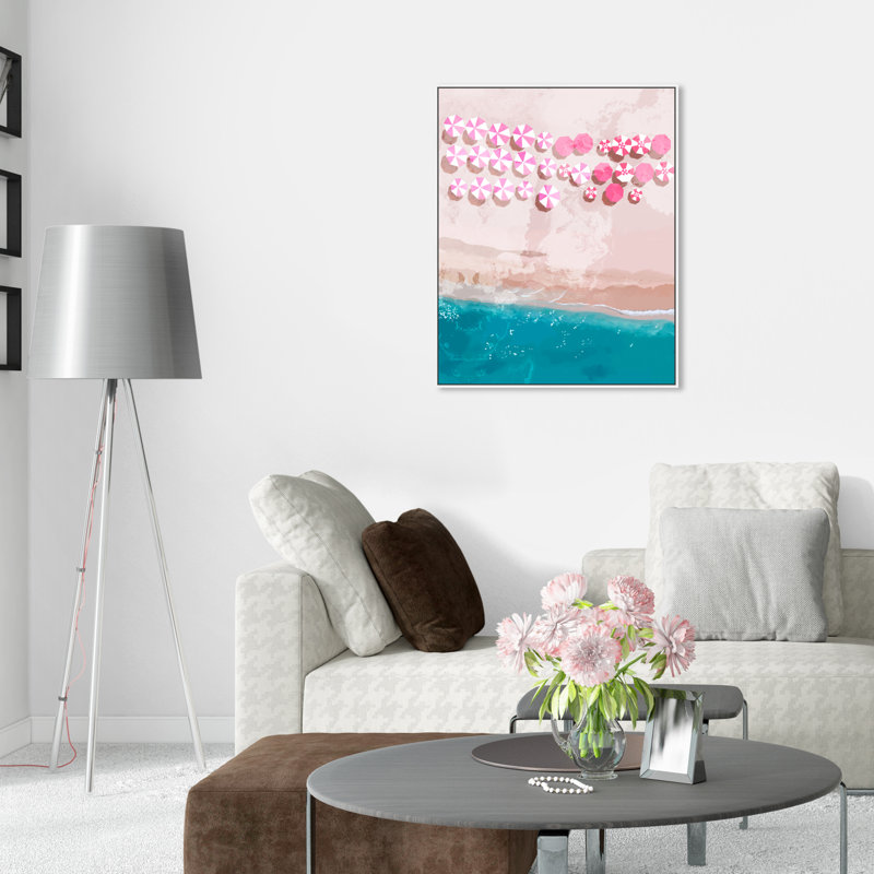 Parasol de plage rose, été bleu océan côtier Glam - peinture, H 36 po x l 30 po x P 1,75 po, Cadre flottant en bois blanc