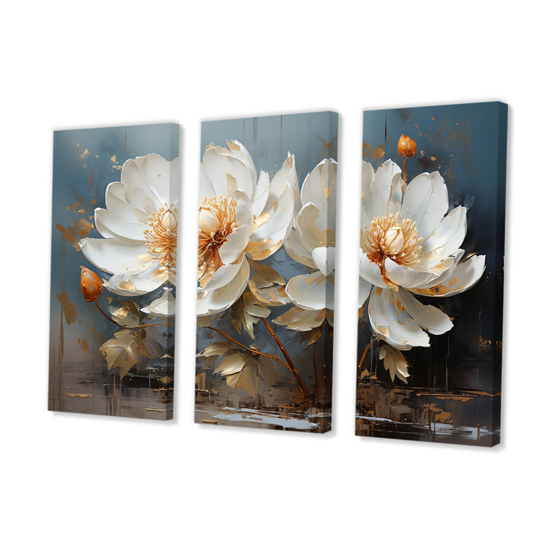 Fleurs de lotus baignées au clair de lune I - Ensemble de décoration murale Lotus, H 28 po x l 36 po x P 1 po