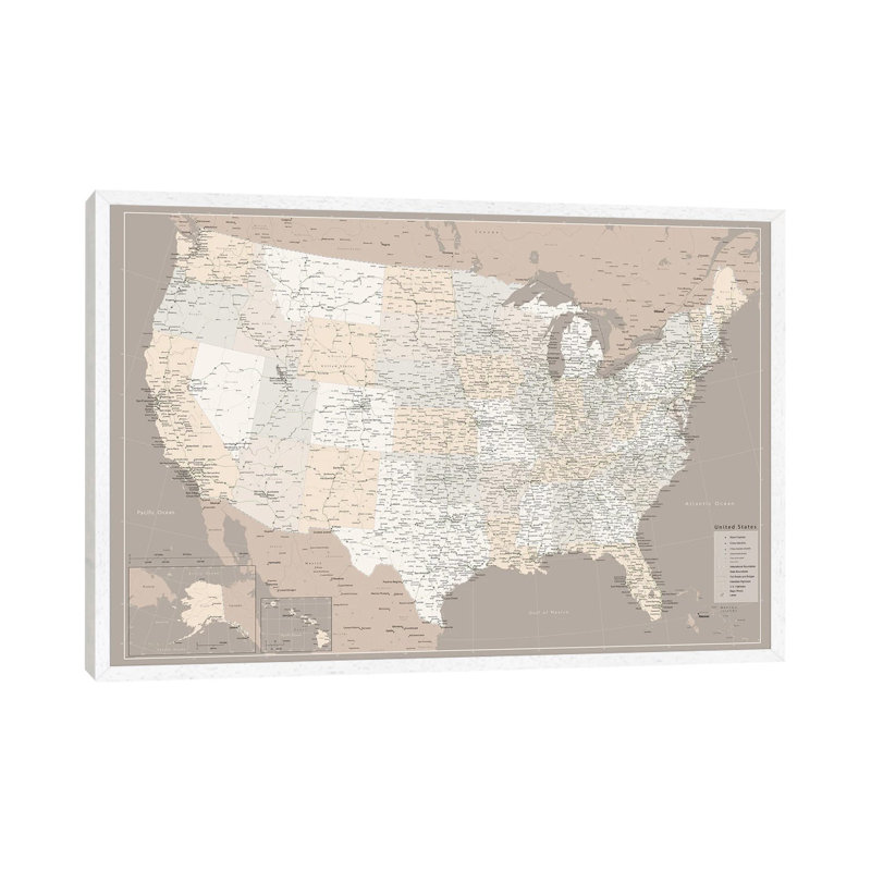 Highly Detailed Map Of The Us With Roads In Brown 1 Piece Wall Art on Canvas, 152.5 cm H x 101.5 cm W, White Framed