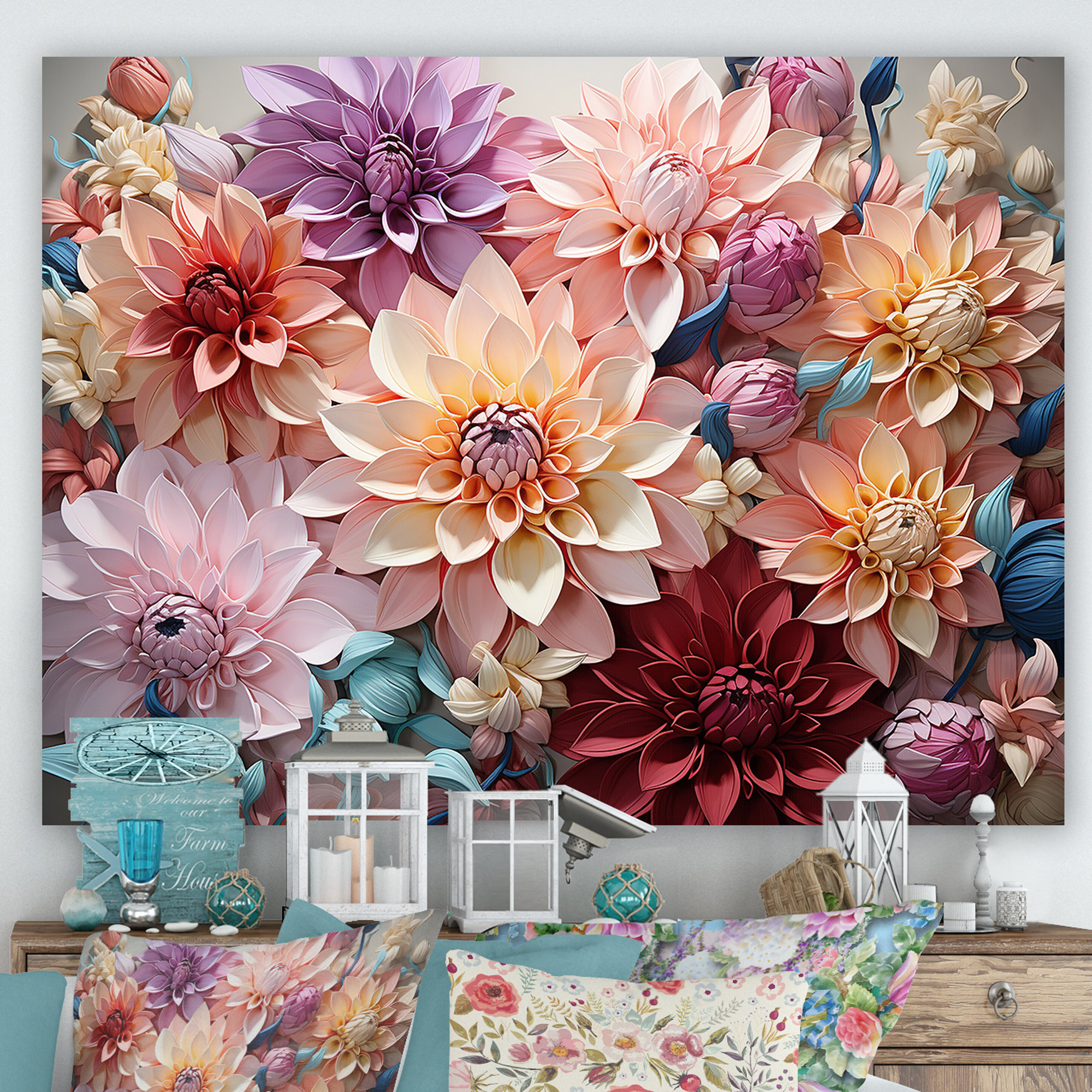 Ebern Designs Dahlia Reflection Flowers Field - Flower Field Canvas ...