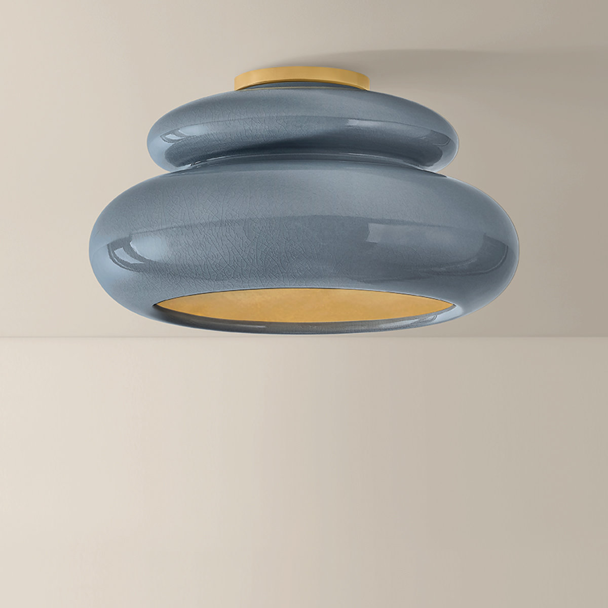 Single Light Flush Mount, Aged Brass and Ceramic Chateau Crackle