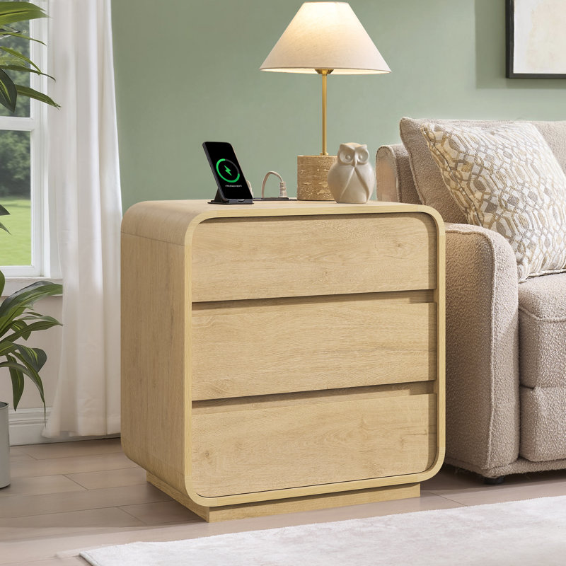 Table de chevet 25 po avec station de charge et 3 tiroirs, table de bout courbée, ensemble de 2 tables de bout en bois naturel