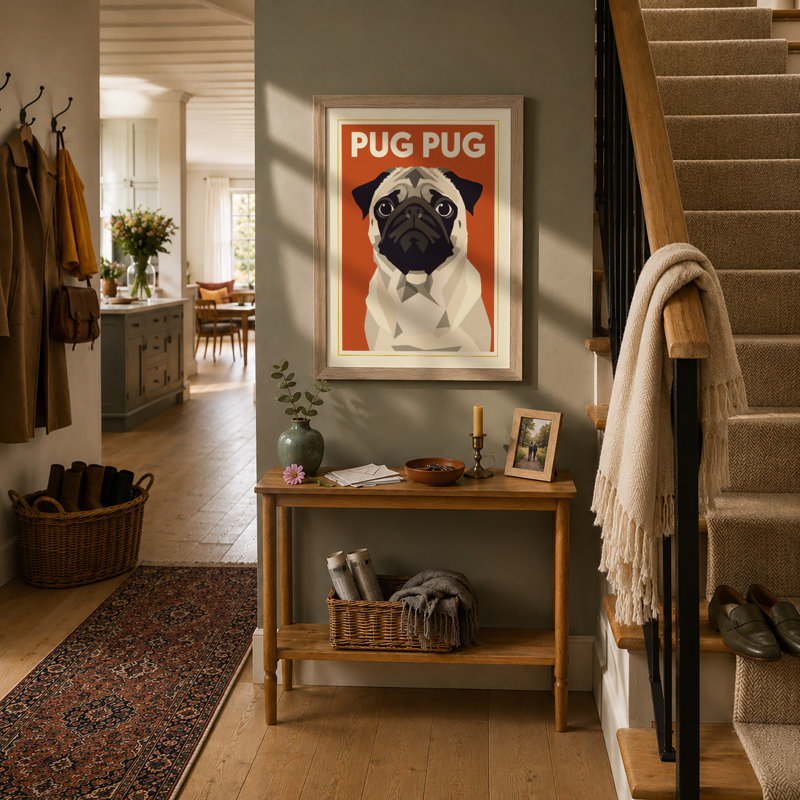 Geometric Pug Modern - Framed Print, A3 - 42.0 x 29.7 cm, Oak