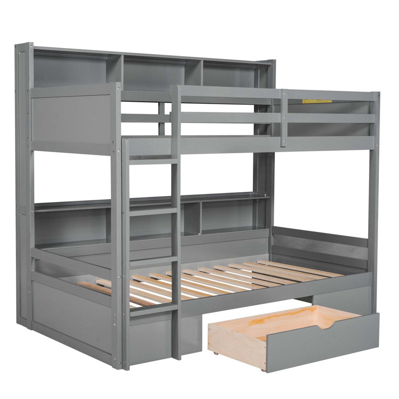 Lit superposé simple avec tablettes intégrées sur les lits supérieur et inférieur et tiroir de rangement, gris