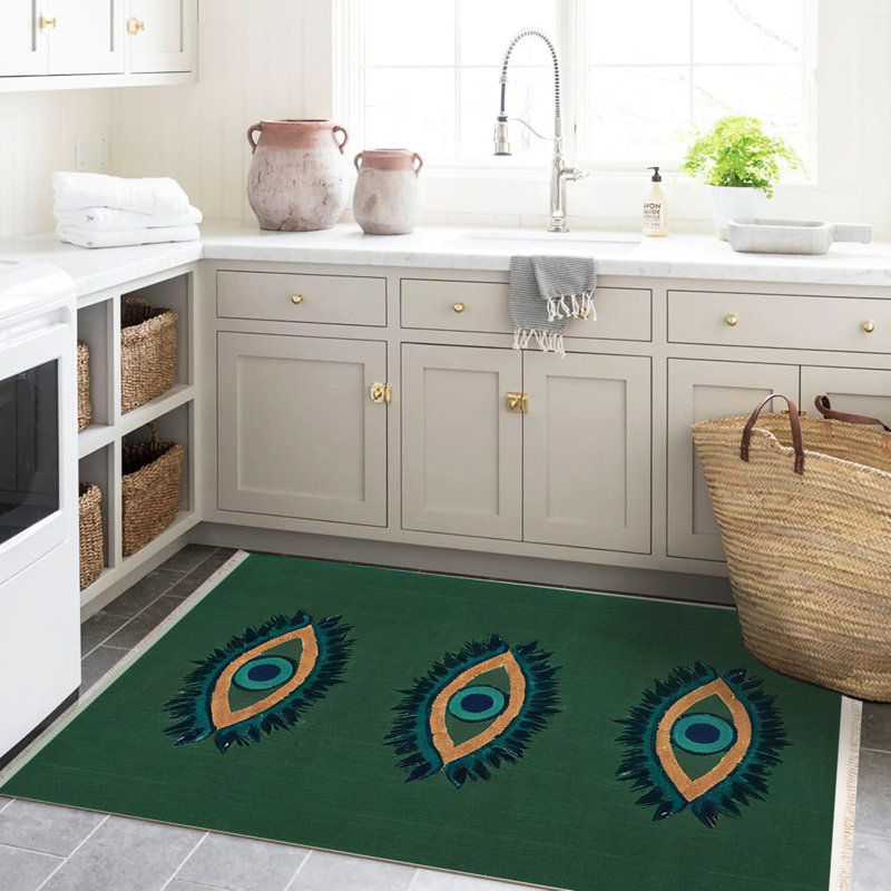 Tapis décoratif moderne à motif tissé vert foncé Rio Collection, Tapis de couloir 2 pi 5,53 po x 6 pi 6,74 po
