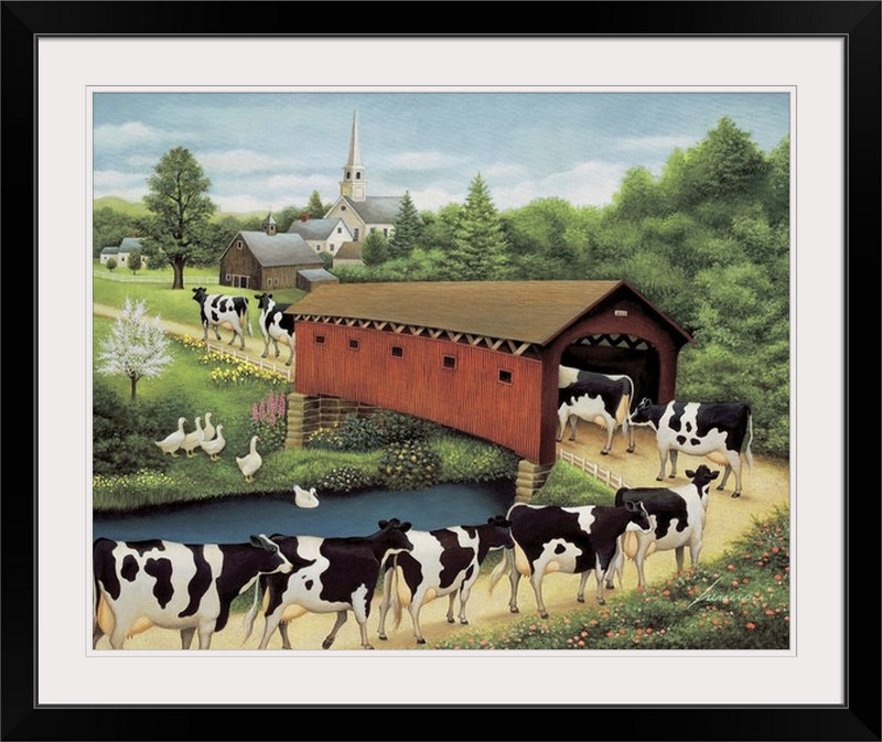 «Lutell Cows in West Arlington», impression d'art mural Lowell Herrero, H 32 po x l 38 po x P 1 po, Cadre noir