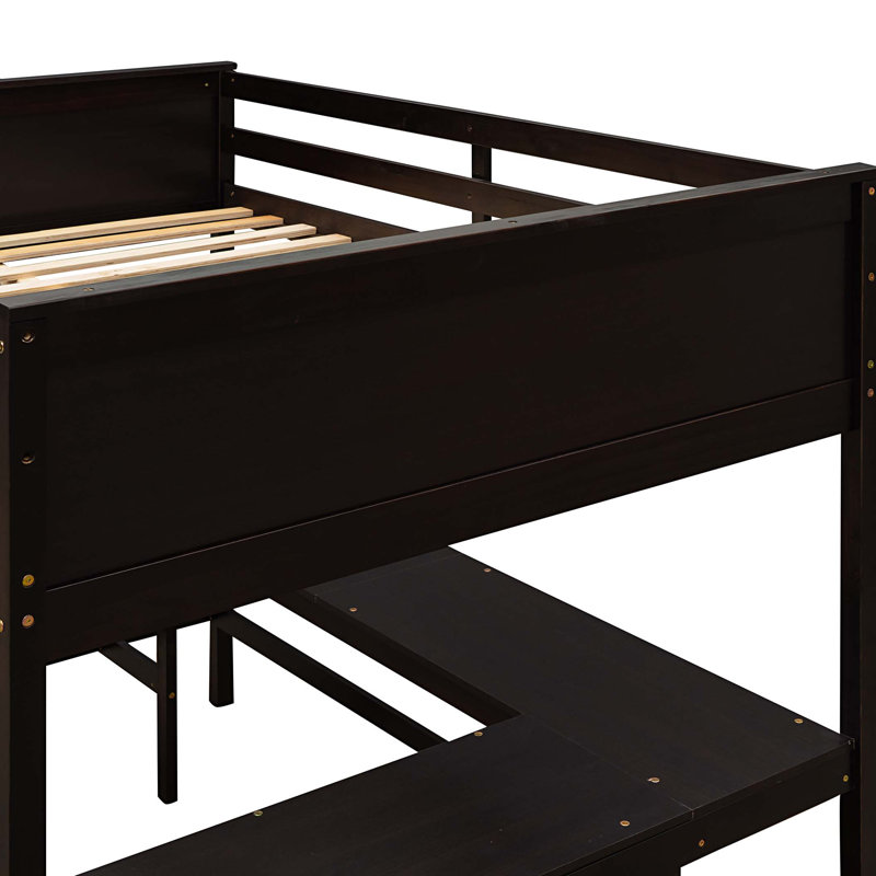Lit mezzanine double avec tablettes et bureau, lit mezzanine en bois avec bureau, Espresso