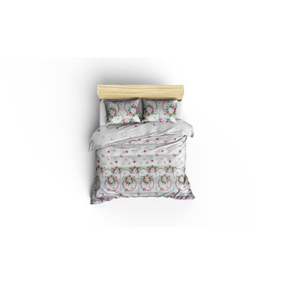 Ensemble de housse de couette 3 pièces en mélange de coton gris / rose / blanc / vert Dusek