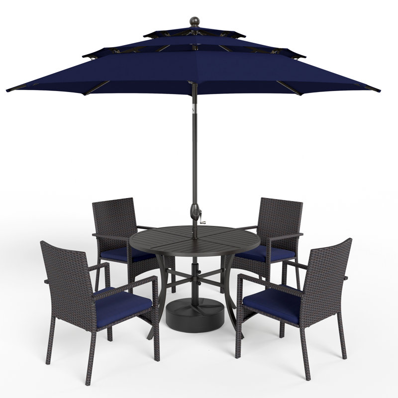 Ensemble de salle à manger de patio 6 pièces 4 fauteuils en rotin et table ronde en métal avec parasol, Marine