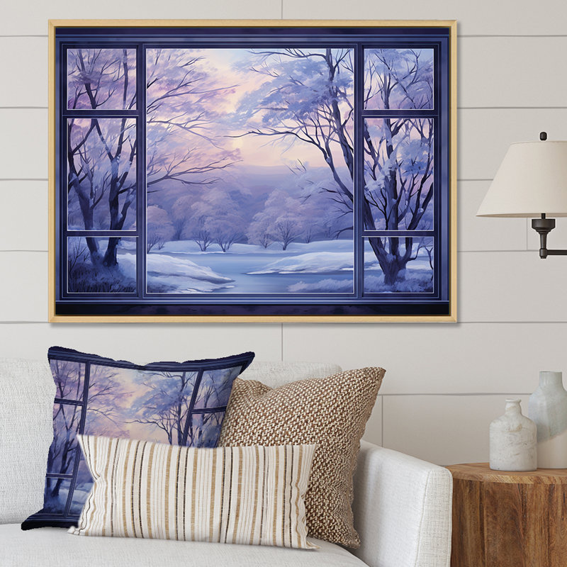 «Purple River Winter Windows IV - Winter Landscape», art mural, Cadre flottant blanc, H 30 po x l 40 po x P 1,5 po